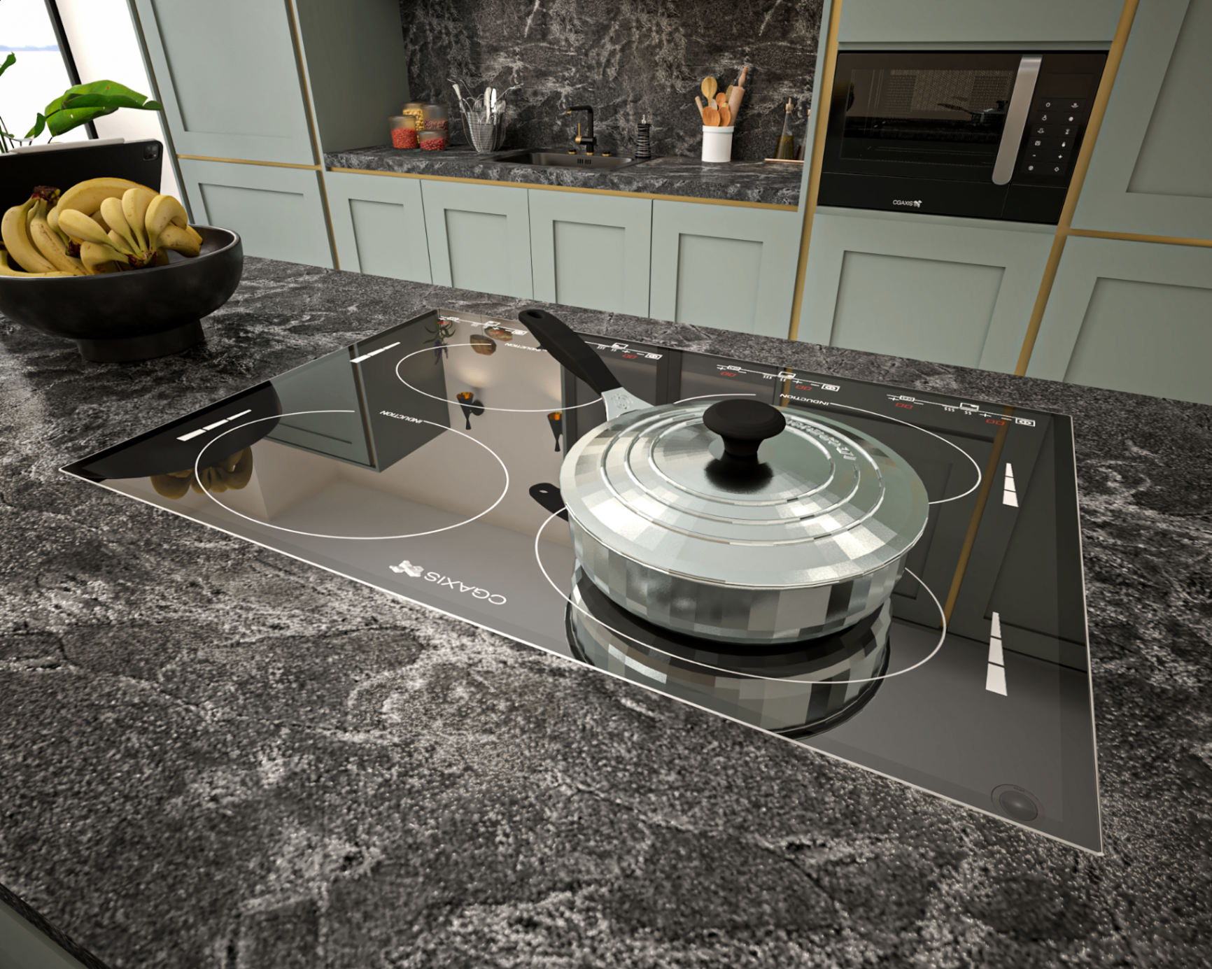 Close up countertop island dan kompor pada desain interior kitchen set