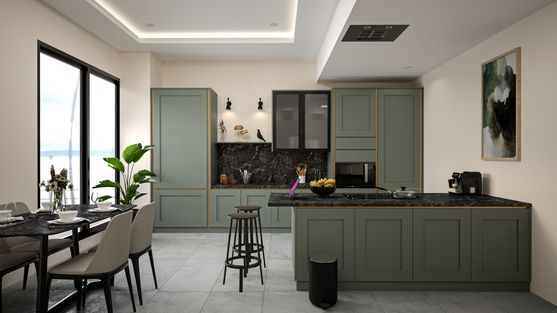 Desain interior area kitchen set dan dining minimalis modern tampak utama
