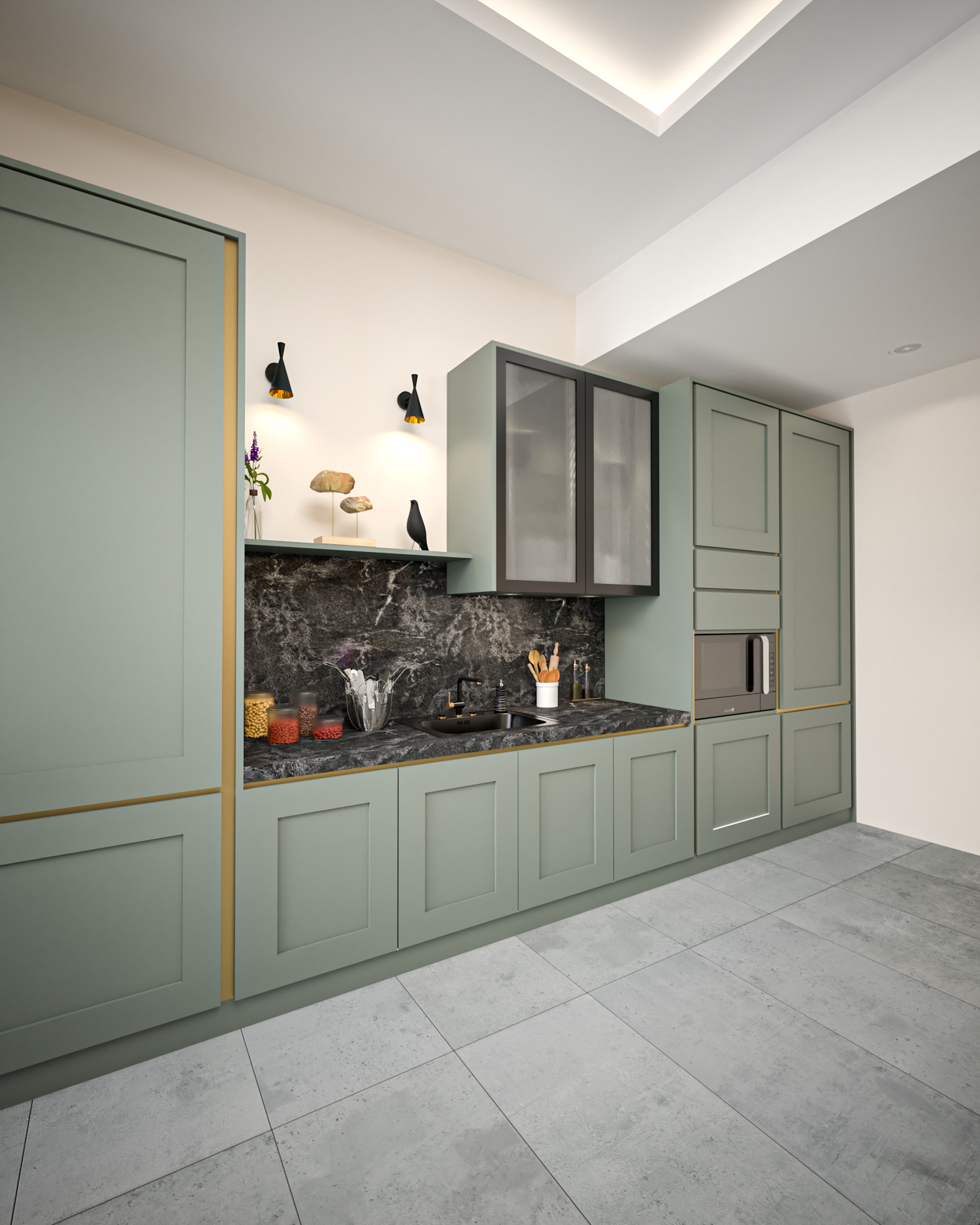 Detail desain interior kitchen set custom dengan kabinet sage green