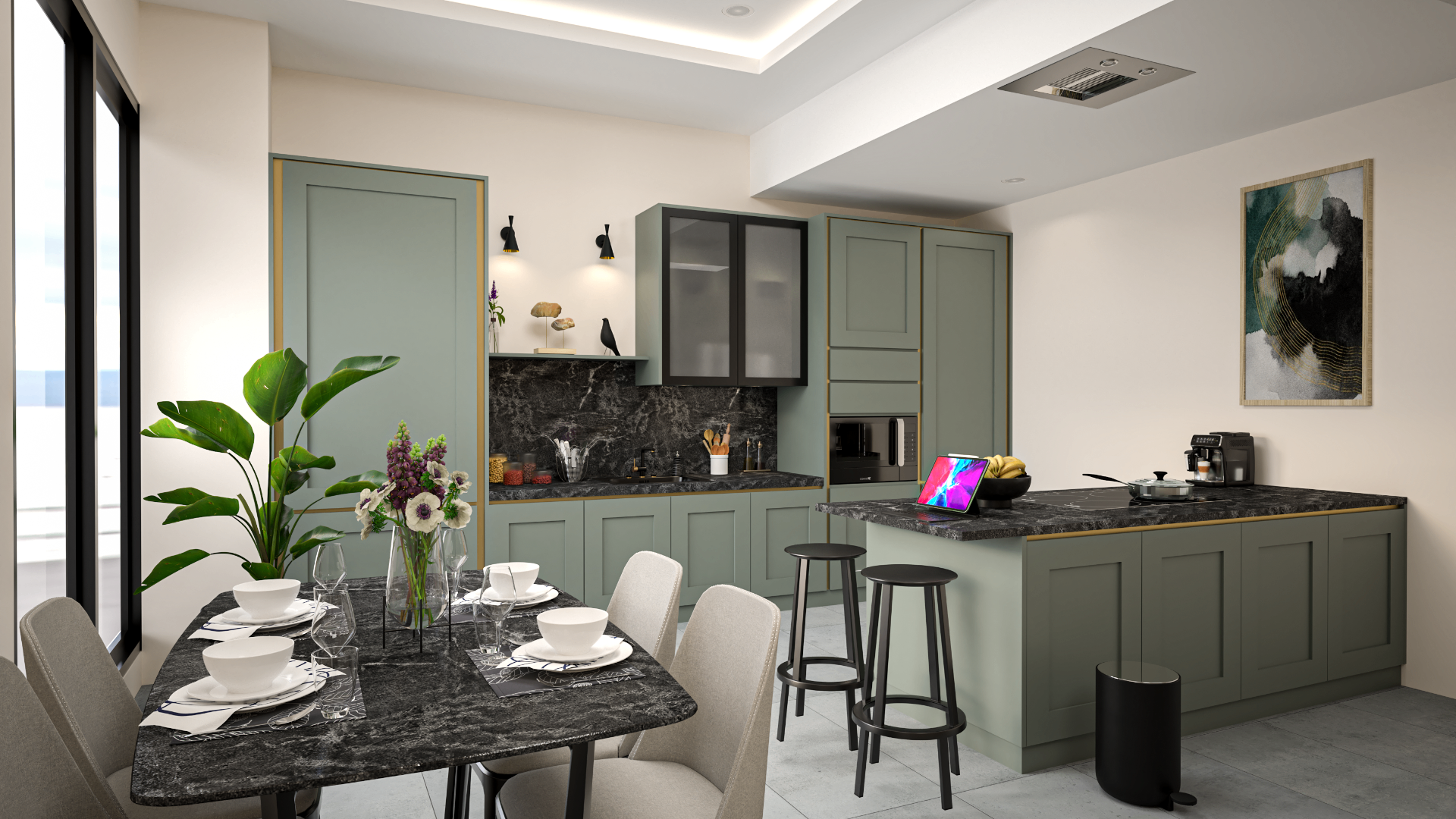 Sudut desain interior kitchen set, island table, dan dining area
