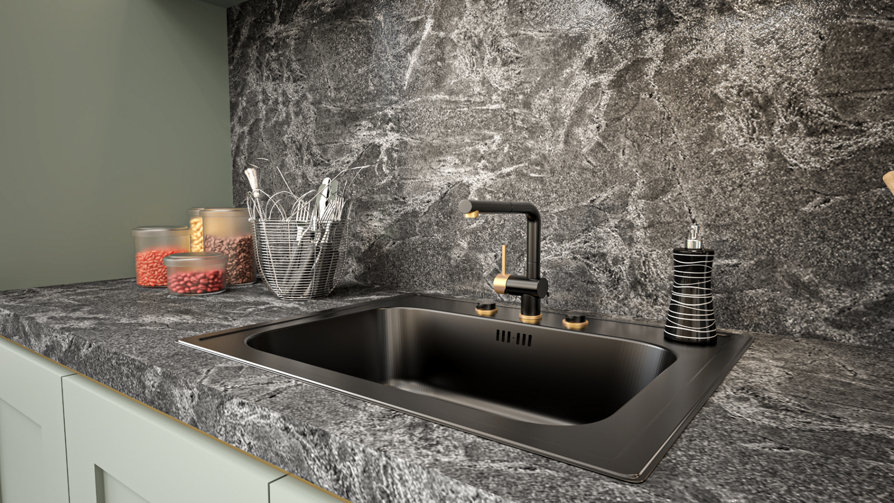 Detail sink, faucet, dan backsplash pada desain interior kitchen set